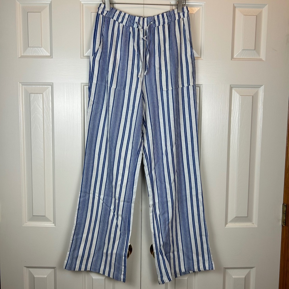 H&G Women's Blue White Striped Linen Blend Wide Leg Drawstring Pants Size Medium